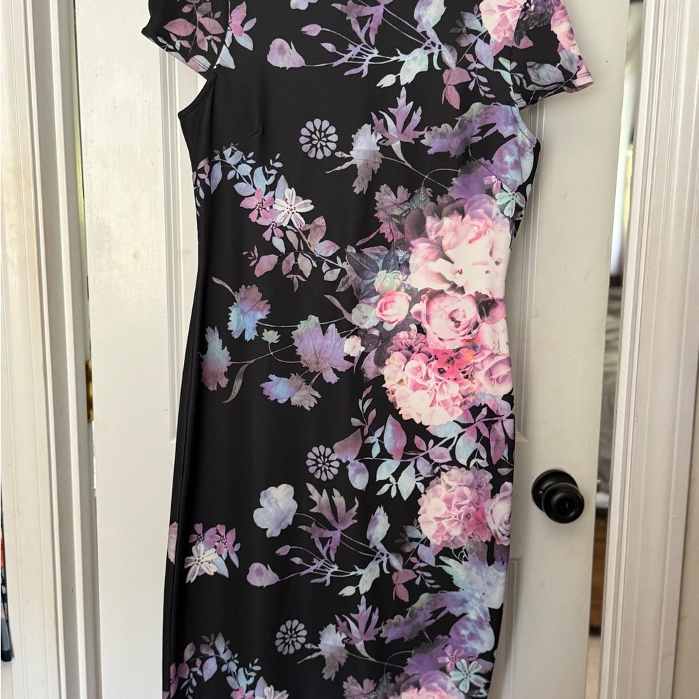 New York & Company Pink and Purple Sheath Dress with Flutter Cap Sleeves